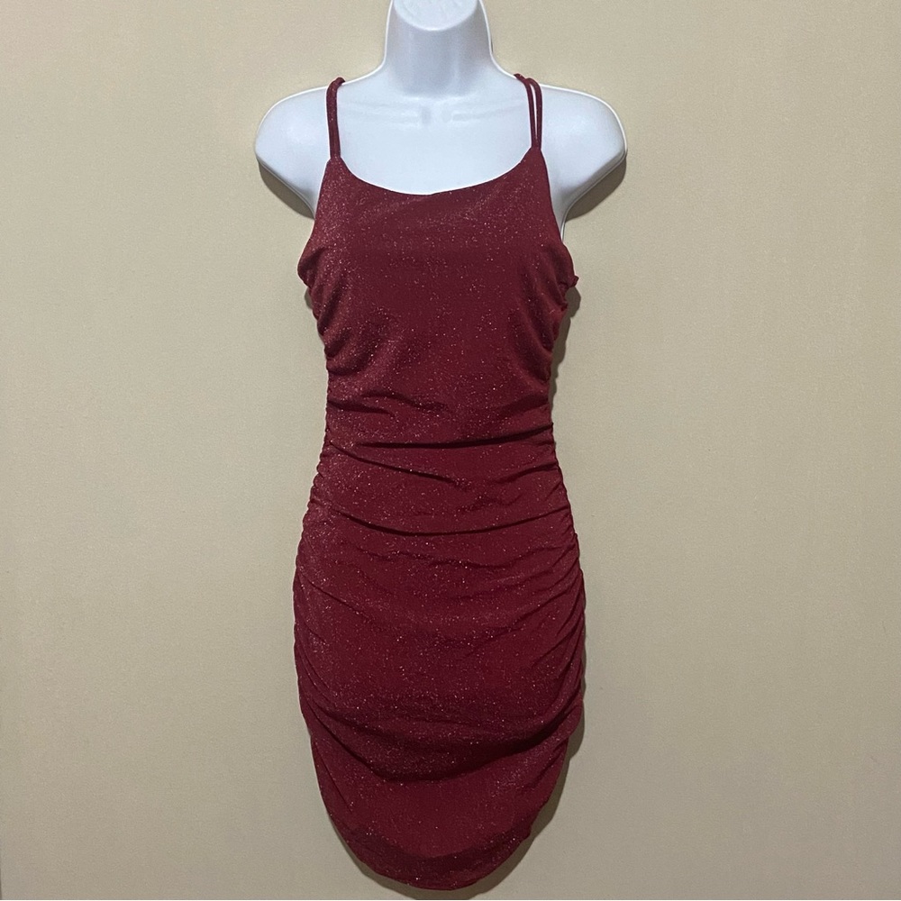 Burgundy Sparkly Ruched Mini Dress